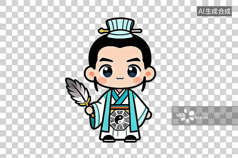 【AI数字艺术】卡通风格，手拿羽扇的Q版诸葛亮形象PNG格式的免扣元素图片素材