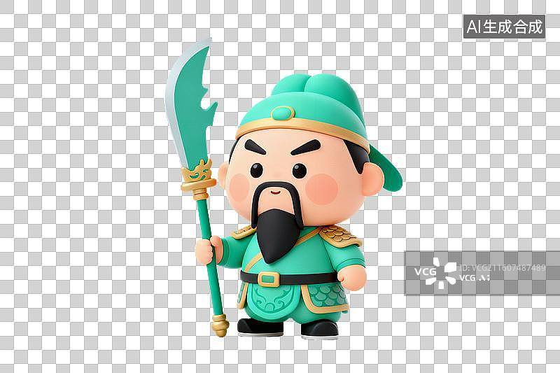 【AI数字艺术】卡通风格，手拿长刀的Q版历史人物，关羽形象PNG格式的免扣元素图片素材