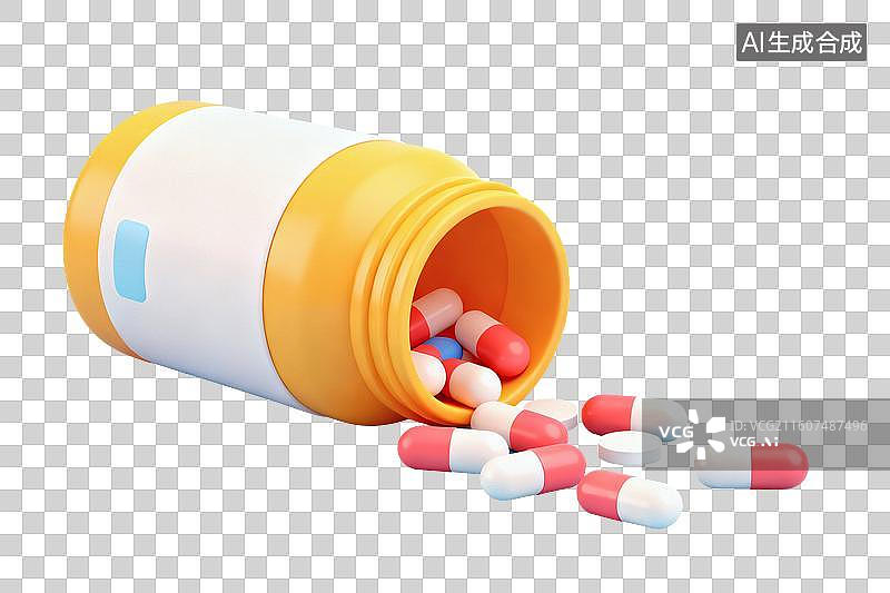 【AI数字艺术】卡通风格，药瓶中散落的药丸PNG格式的免扣元素图片素材