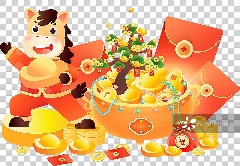 国风2026马年生肖卡通元素和聚宝盆图片素材