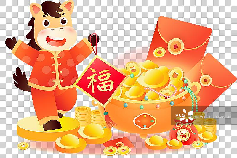 国风2026马年生肖卡通元素和聚宝盆图片素材