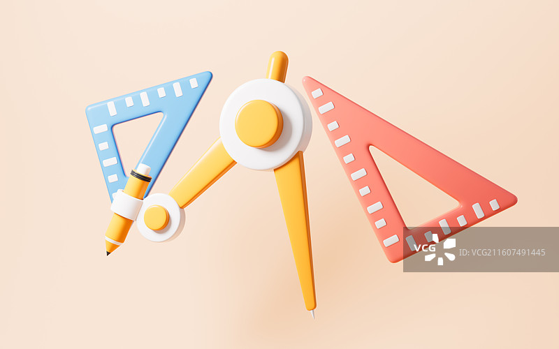 卡通圆规和三角尺模型3D渲染图片素材