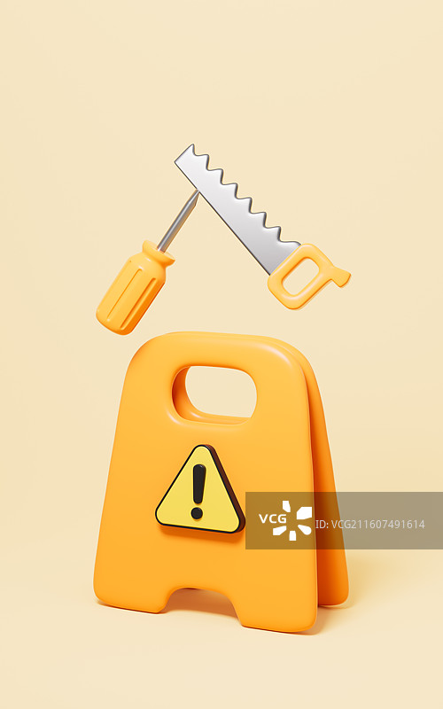 卡通警示牌和修理工具3D渲染图片素材