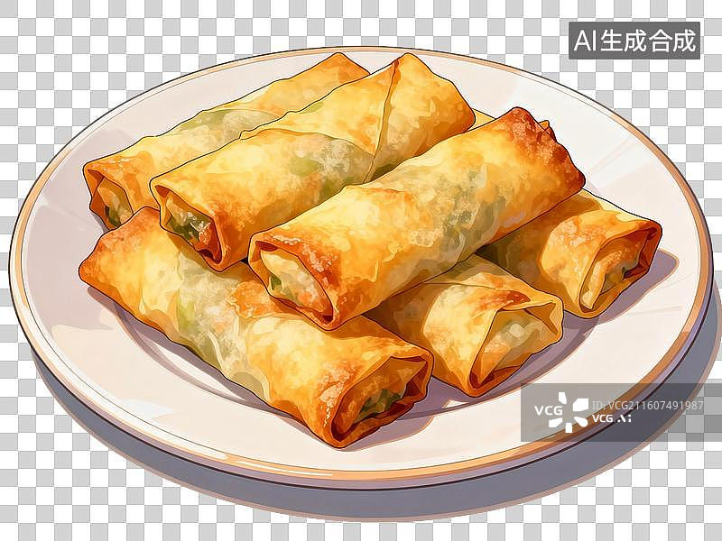 【AI数字艺术】国风插画，盘子里的春卷，卷饼，煎饼，中国传统美食手绘插画，免抠元素图片素材