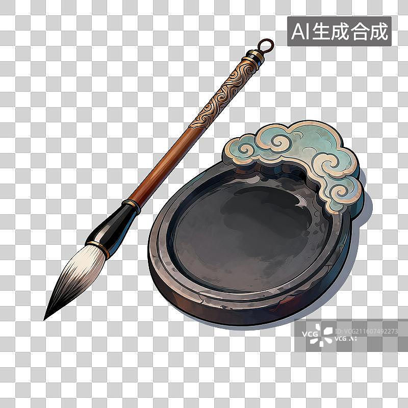【AI数字艺术】国风手绘插画，文房四宝，砚台，端砚，歙砚，书法，毛笔，免抠元素图片素材