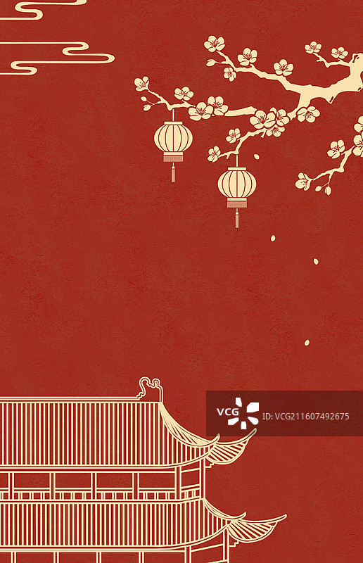 中式红色故宫梅花灯笼线稿图片素材