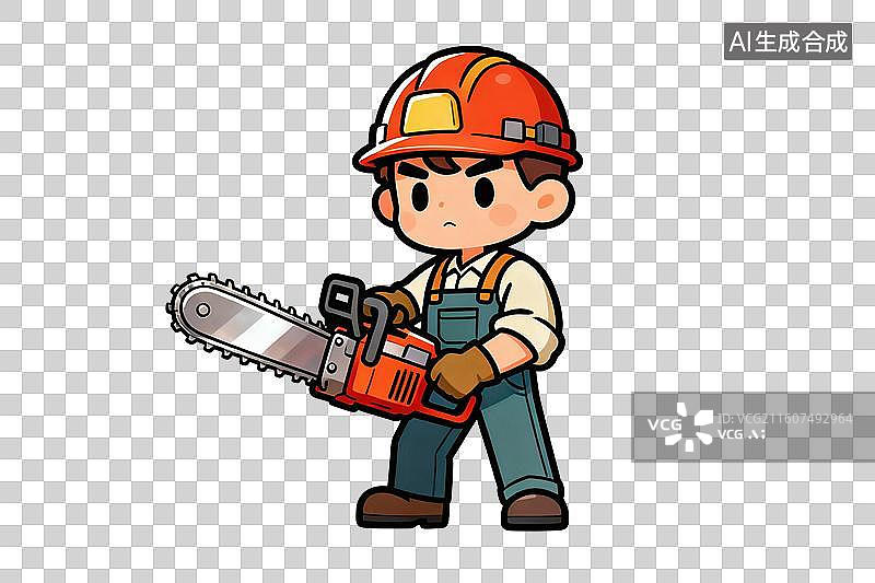 【AI数字艺术】卡通风格，手拿电锯的伐木工人PNG格式的免扣元素图片素材