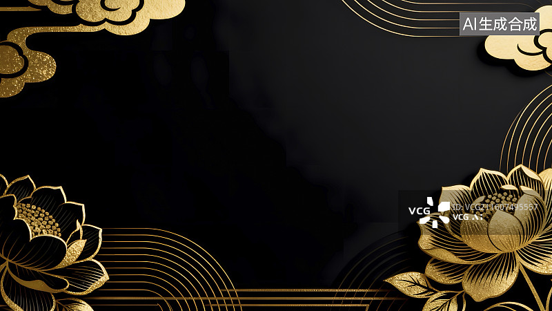 【AI数字艺术】黑金莲花纹饰的典雅边框设计图片素材