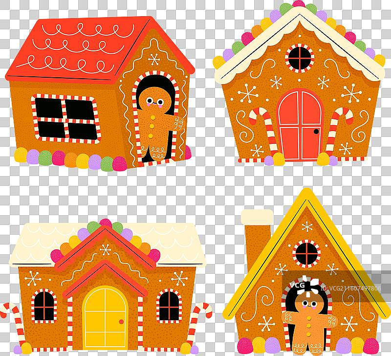 手绘平铺的姜饼屋合集图片素材