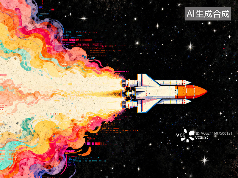 【AI数字艺术】带着绚丽尾焰的火箭划过太空图片素材