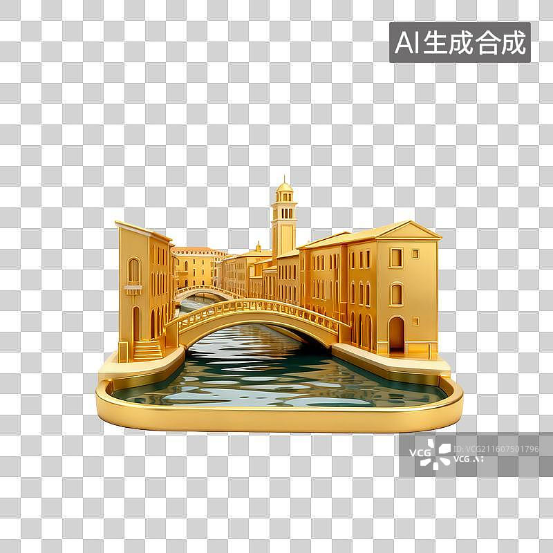 【AI数字艺术】金色桥梁与水上建筑的微缩景观图片素材