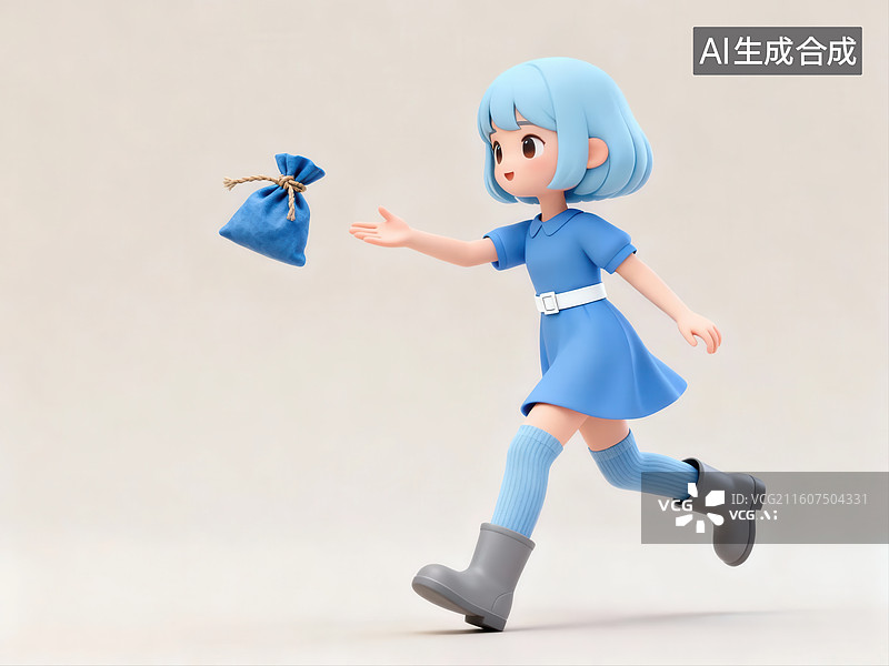 【AI数字艺术】蓝发女孩抛出布袋图片素材