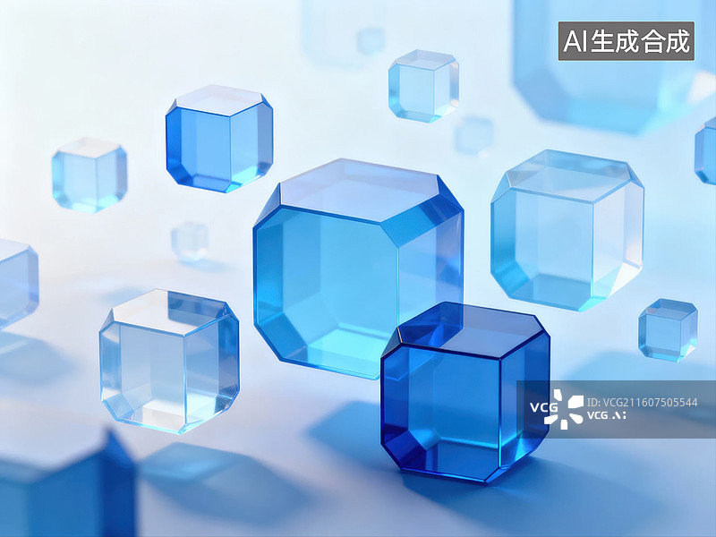 【AI数字艺术】蓝色透明立方体悬浮场景图片素材
