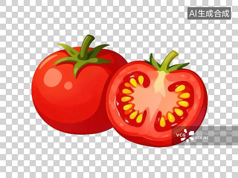 【AI数字艺术】两个番茄，一个完整一个切开图片素材