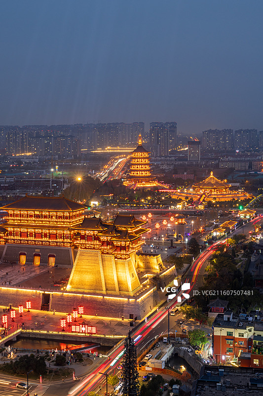 河南省洛阳市应天门建筑灯光秀夜景风光图片素材