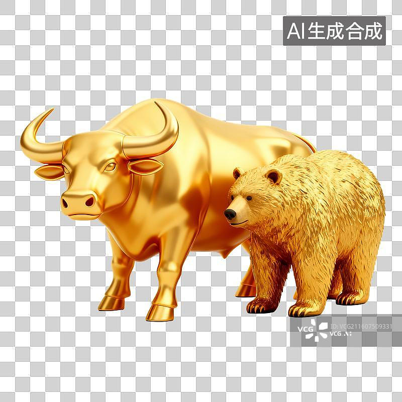 【AI数字艺术】金色公牛与小熊雕塑图片素材