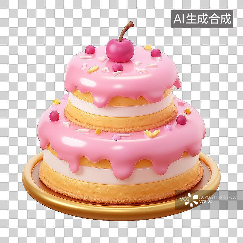 【AI数字艺术】生日与节日喜庆主题3D轻拟物风格粉色双层樱桃生日蛋糕美食免抠元素图片素材