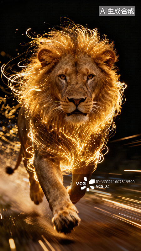 【AI数字艺术】奔跑的雄狮光芒四射图片素材