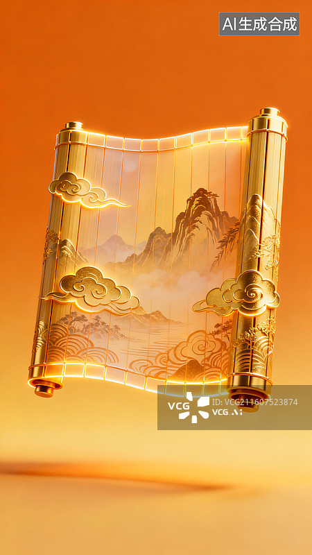 【AI数字艺术】金色卷轴竹简山峰祥云中国文化三维图图片素材
