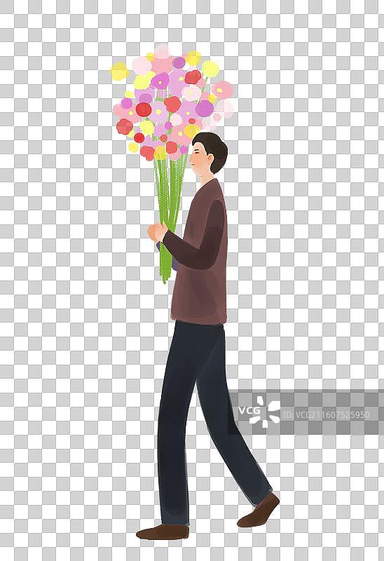 抱着鲜花花束的男性肌理插画图片素材