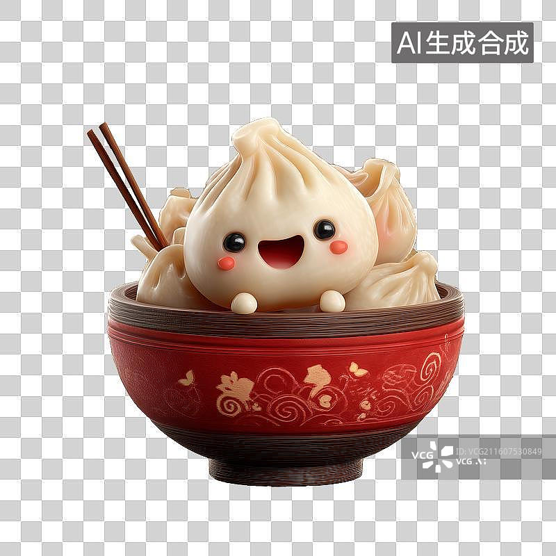 【AI数字艺术】一碗拟人化小笼包3D粘土风格插画，可爱Q版卡通形象中式传统美食装饰素材图片素材