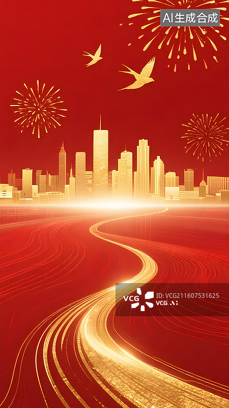 【AI数字艺术】AIGC：绚烂烟花下的城市建筑和飞鸟，红色背景，新年春节国庆节，庆祝活动背景壁纸图片素材