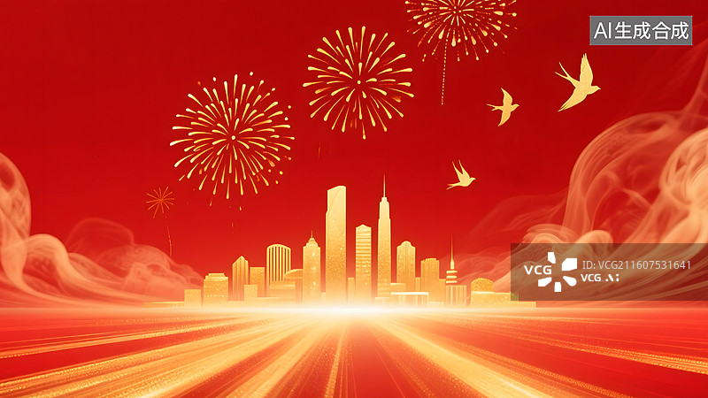 【AI数字艺术】AIGC：绚烂烟花下的城市建筑和飞鸟，红色背景，新年春节国庆节，庆祝活动背景壁纸图片素材