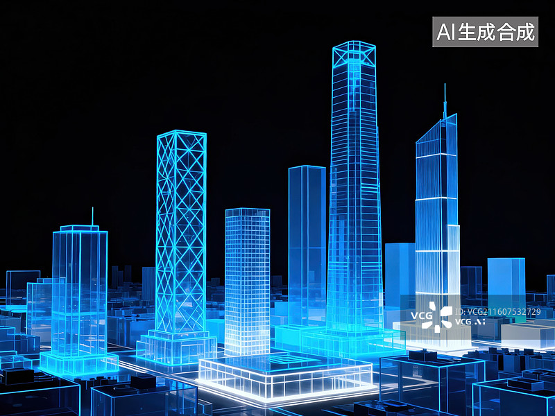 【AI数字艺术】蓝色光效城市建筑群图片素材