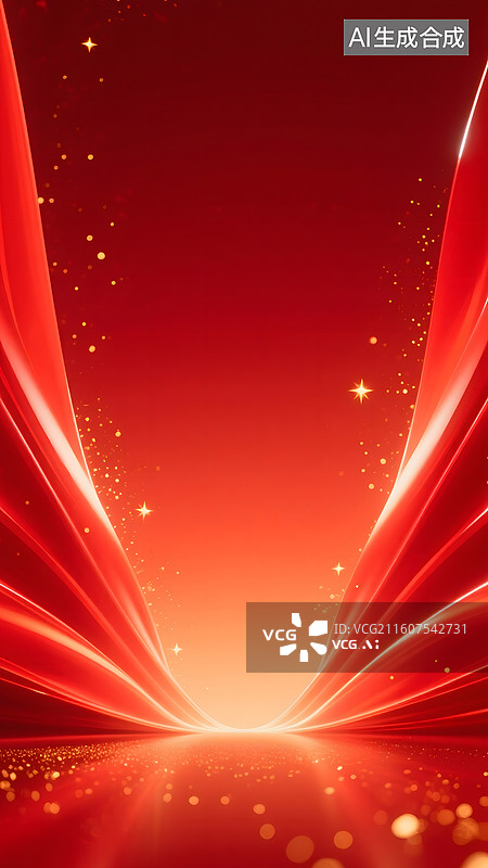【AI数字艺术】AIGC：金色光斑粒子，弯曲流动的科技感红色背景图片素材