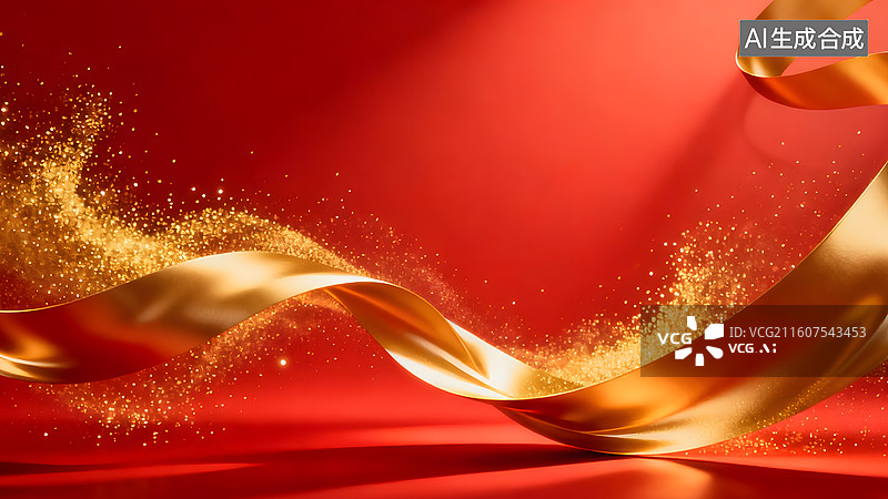 【AI数字艺术】AIGC：金色粒子和弯曲流动的金色丝带，华丽的红色背景图片素材