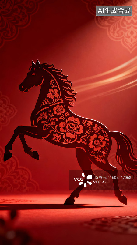 【AI数字艺术】红色背景上的花卉图案奔马剪纸图片素材