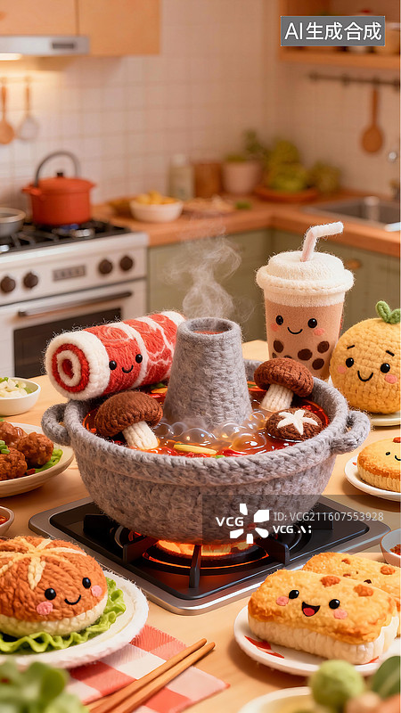 【AI数字艺术】3D毛线电商促销年货节年味食光餐饮美食营销海报插画图片素材