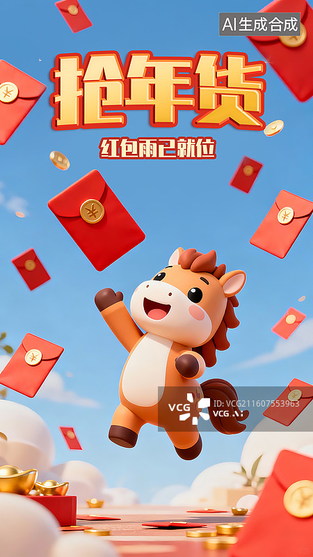 【AI数字艺术】3D电商促销年货节新年马年抢年货海报插画设计模版图片素材