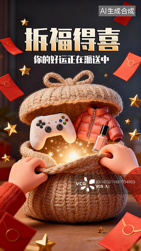 【AI数字艺术】3D温暖毛线风格电商促销拆福得喜海报插画设计模板图片素材