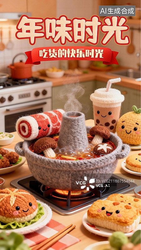 【AI数字艺术】3D毛线电商促销年货节年味食光餐饮美食营销海报插画设计模版图片素材