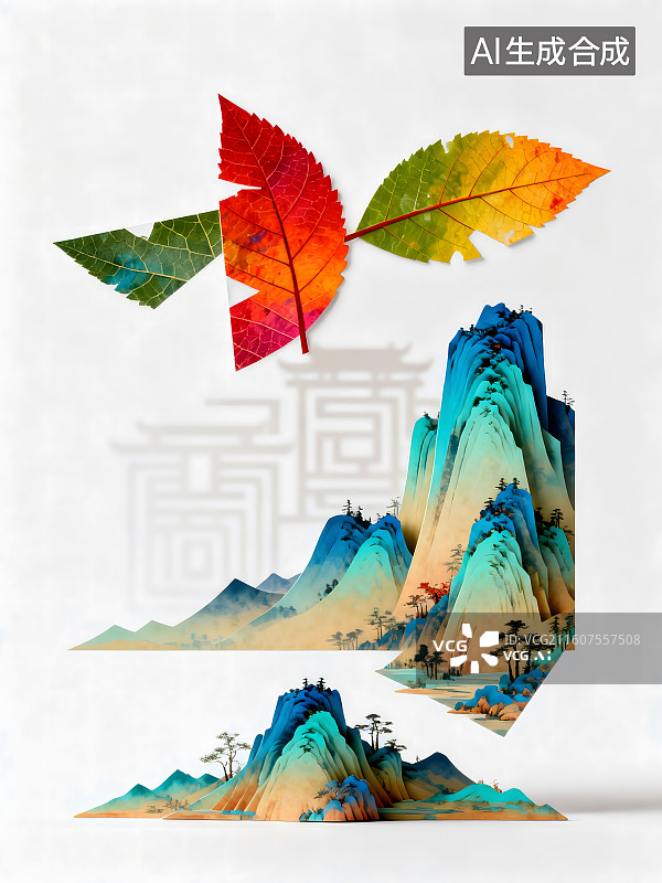 【AI数字艺术】极简主义，新中式风格立体图形设计，千里江山图，纯色系干净背景，先锋艺术，大胆配色图片素材