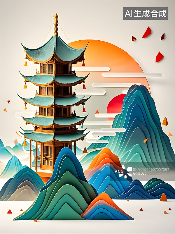 【AI数字艺术】极简主义，新中式风格立体图形设计，千里江山图，纯色系干净背景，先锋艺术，大胆配色图片素材