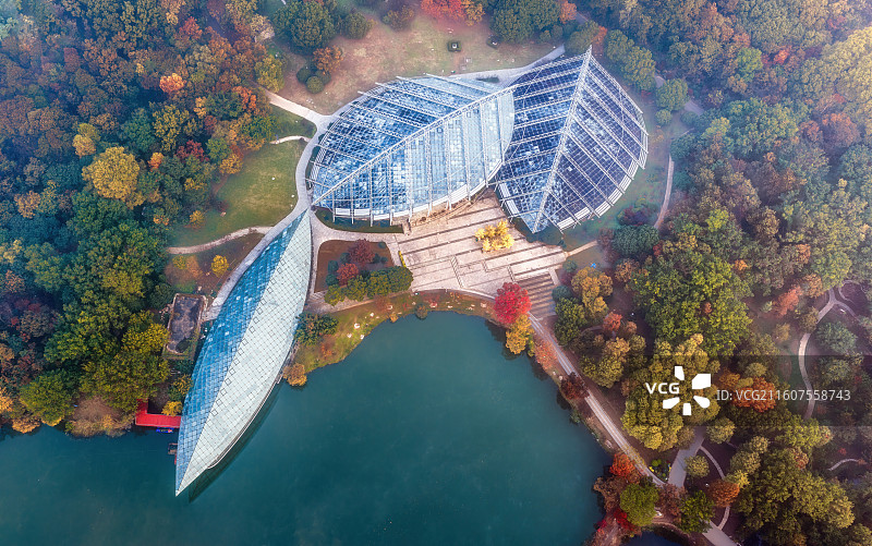 南京前湖月牙堤秋雾朦胧，南京中山植物园南园航拍风光，图片素材