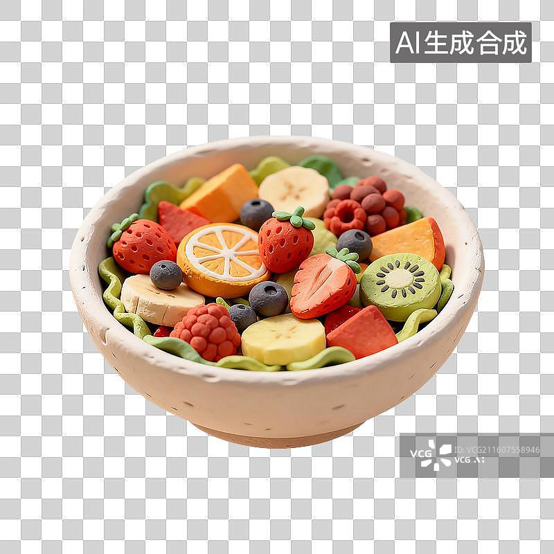 【AI数字艺术】3D渲染，粘土风，减脂餐，瘦身餐，健身餐，水果沙拉，健康食物，水果蔬菜，免抠元素图片素材