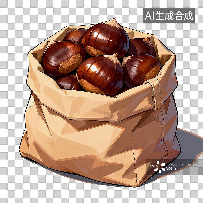 【AI数字艺术】手绘插画，一袋板栗，糖炒板栗，板栗，粗粮，免抠元素图片素材