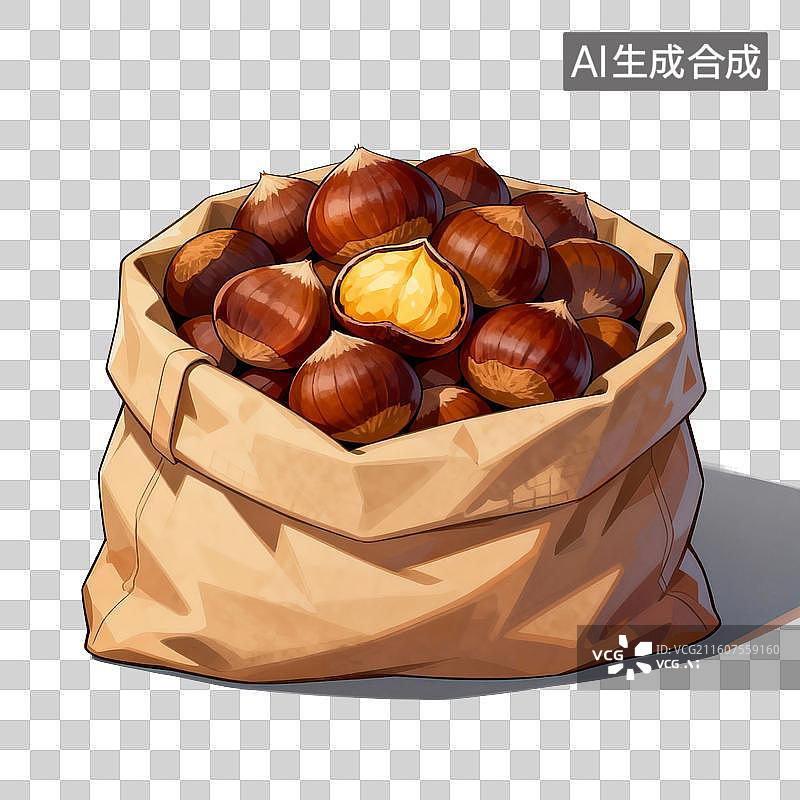 【AI数字艺术】手绘插画，一袋板栗，糖炒板栗，板栗，粗粮，免抠元素图片素材