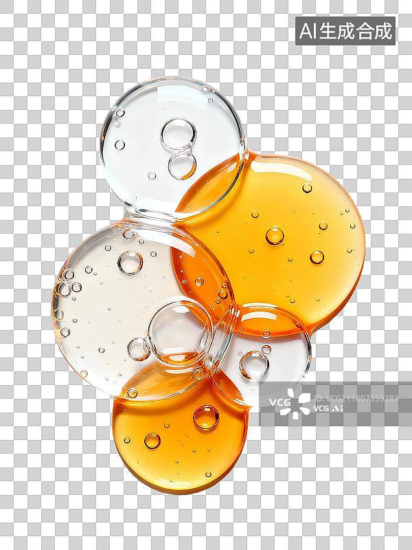 【AI数字艺术】3D渲染，橙色气泡，泡泡，细胞，水滴，化学分子结构，精华液，美妆，精油，免抠元素图片素材