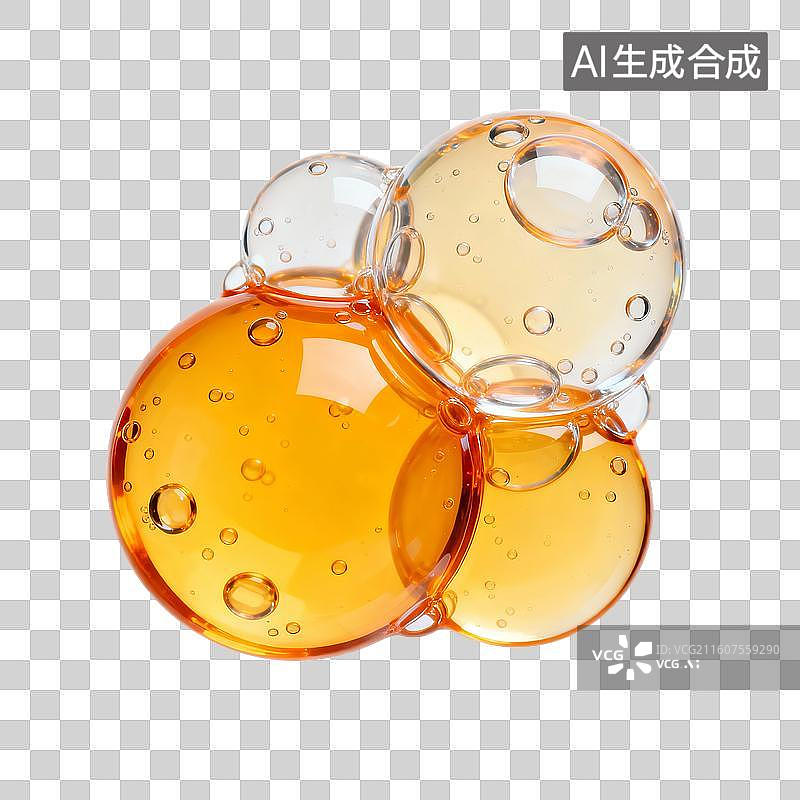 【AI数字艺术】3D渲染，橙色气泡，泡泡，细胞，水滴，化学分子结构，精华液，美妆，精油，免抠元素图片素材