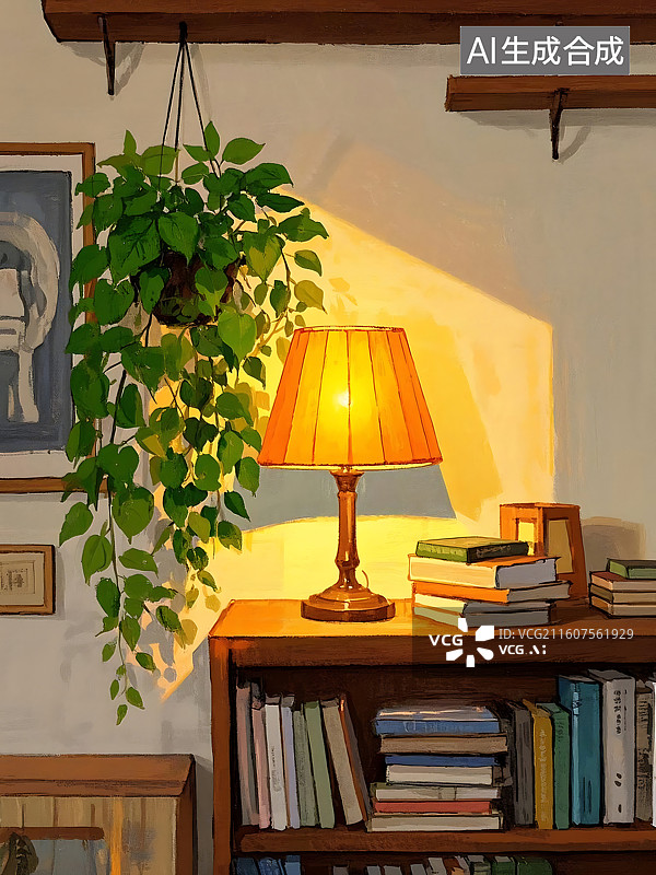 【AI数字艺术】温馨书房，柔和灯光下的书籍与植物图片素材