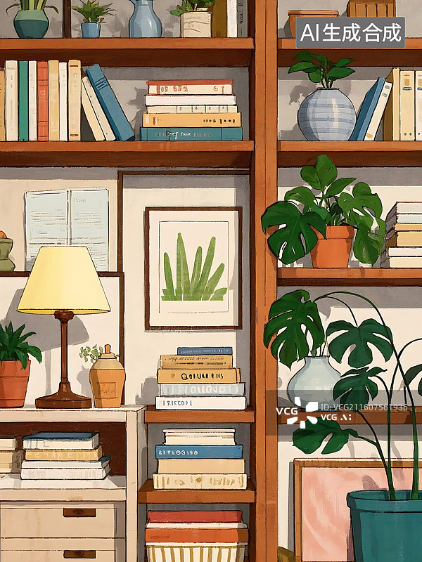 【AI数字艺术】书架与植物的温馨角落图片素材