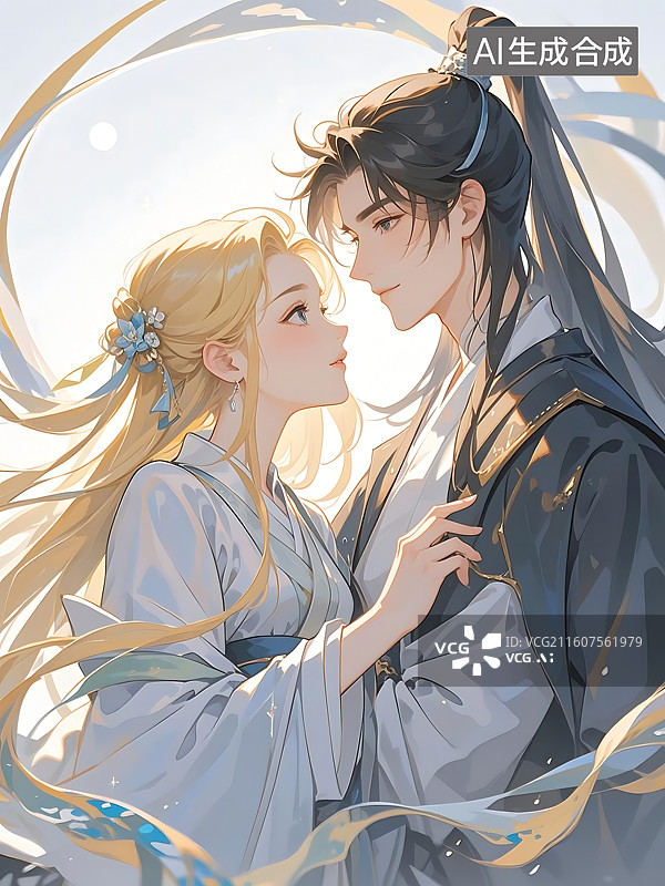 【AI数字艺术】古风情侣深情对视，唯美浪漫图片素材