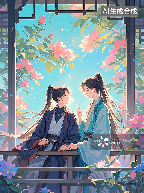 【AI数字艺术】庭院风光下的两位古风男子图片素材