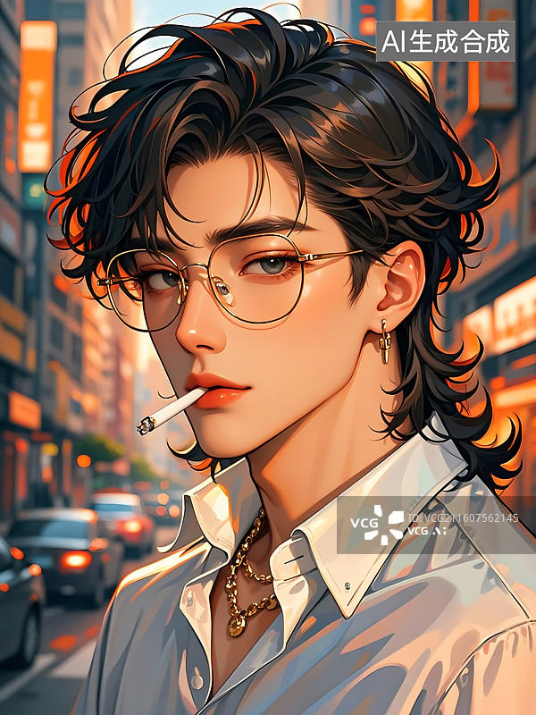 【AI数字艺术】都市氛围中的动漫男子，叼着烟，戴着眼镜，迷人眼神图片素材