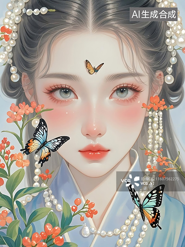 【AI数字艺术】古风美人与蝴蝶翩翩起舞图片素材