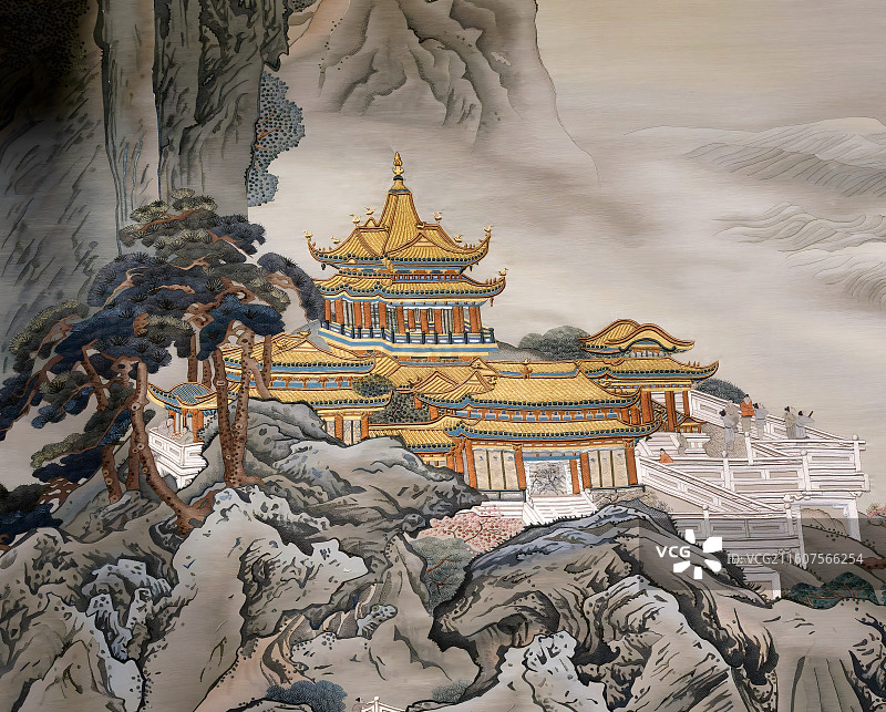 非遗，缂丝，蓬莱仙境图局部，海岛上的宫殿建筑图片素材